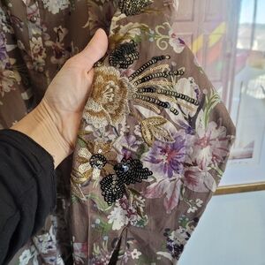 NEW ARATTA LONG TUNIC WITH BELT SEQUIN EMBROIDERED ARM FLORAL BROWN GOLD